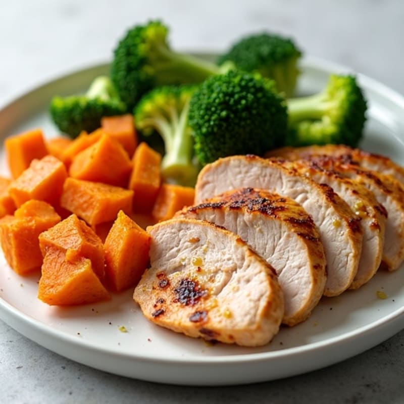Grilled Turkey Breast with Roasted Sweet Potatoes and Steamed Broccoli