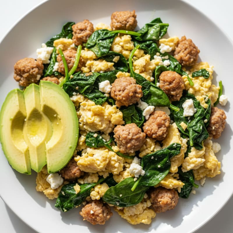 Egg White and Turkey Sausage Scramble with Spinach and Feta