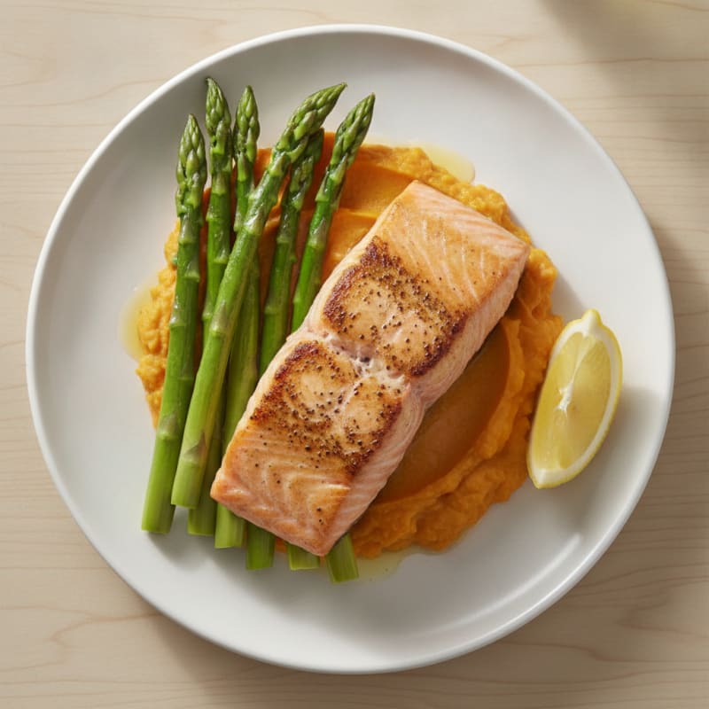 Seared Salmon Fillet with Steamed Asparagus and Sweet Potato Mash