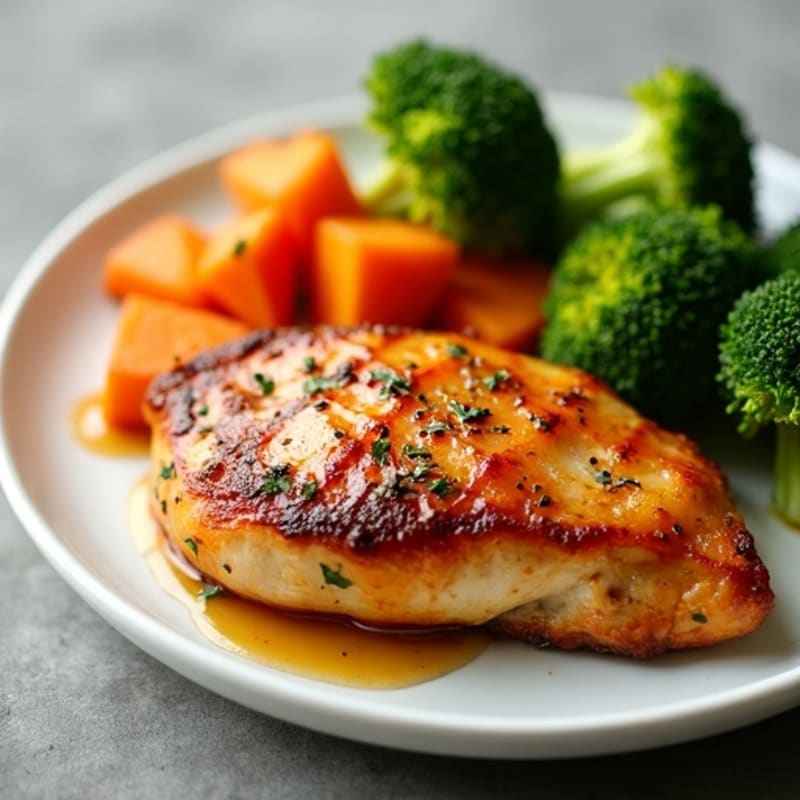 Maple Glazed Chicken with Roasted Sweet Potatoes and Broccoli