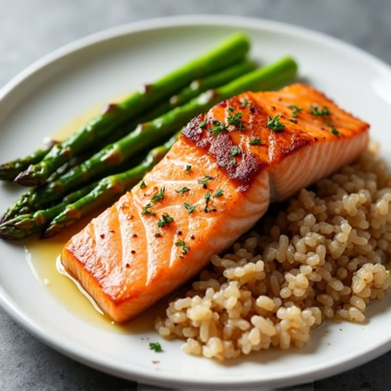 Seared Salmon with Steamed Asparagus and Brown Rice