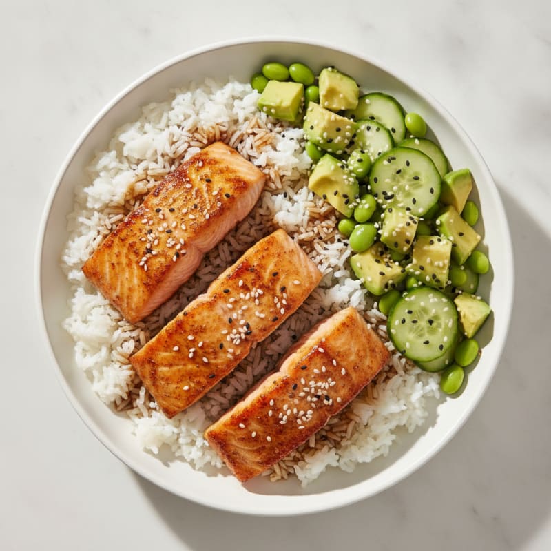 Seared Sushi-Style Salmon with Steamed Rice and Avocado Salad