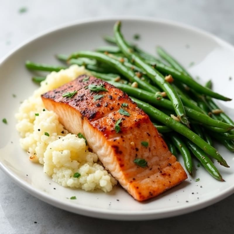 Seared Salmon with Garlic Green Beans and Cauliflower Mash