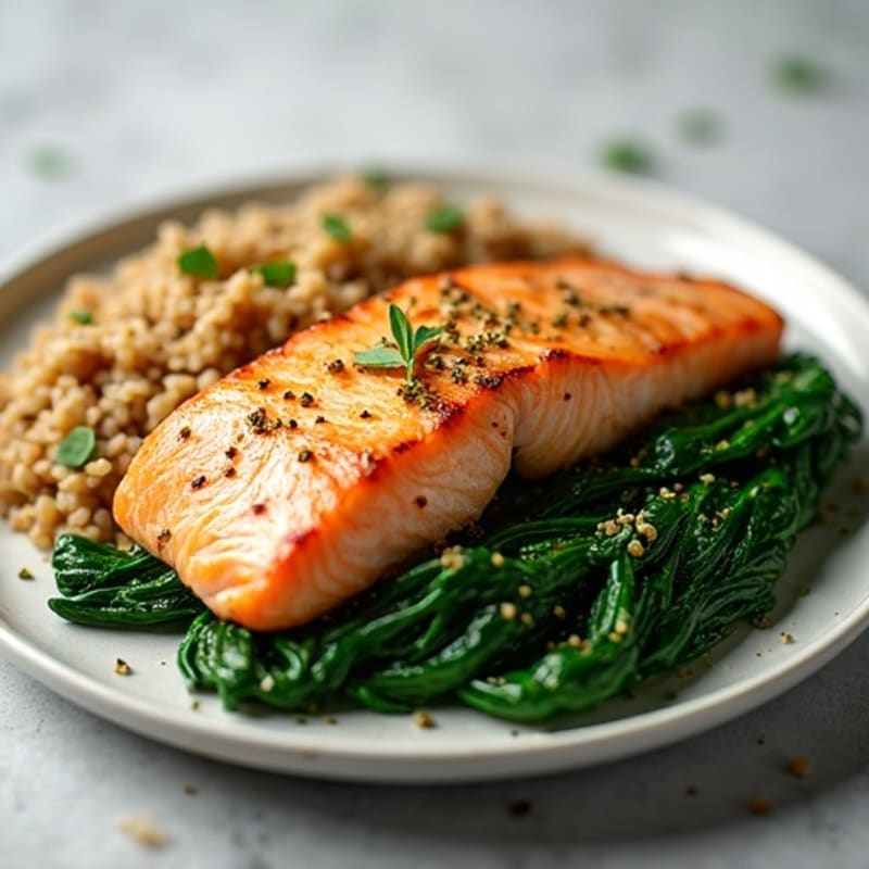 Seared Salmon with Sautéed Spinach and Brown Rice