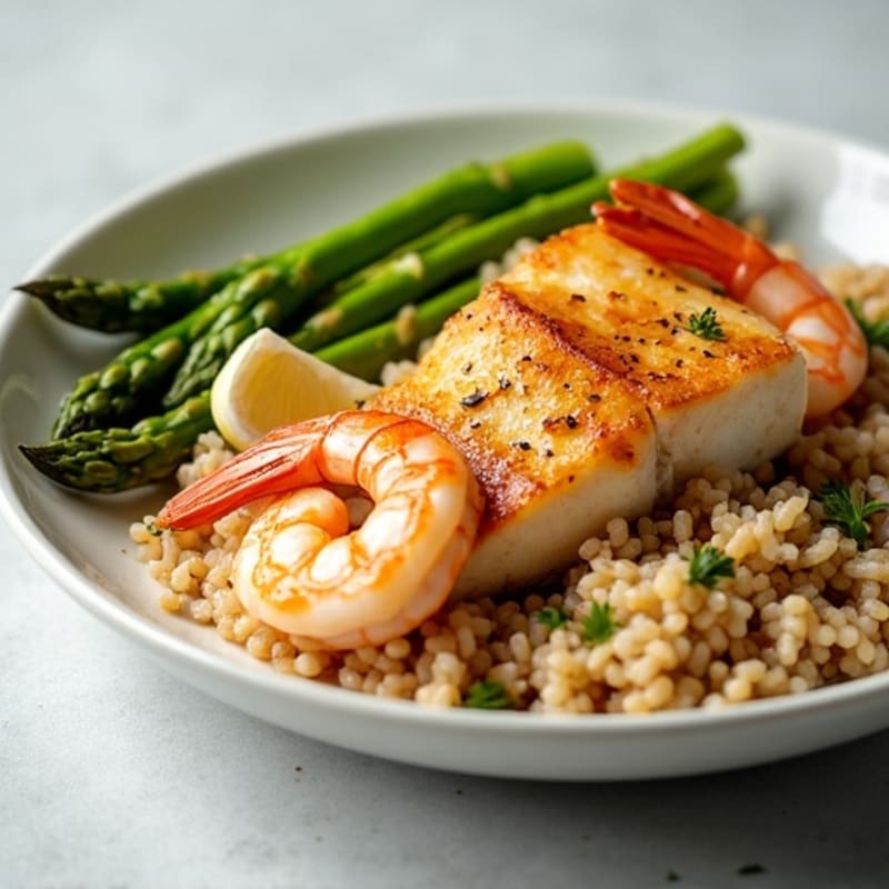 Seared Shrimp and White Fish with Steamed Asparagus and Brown Rice