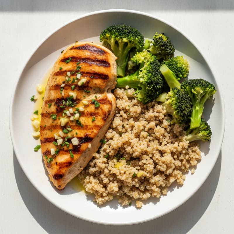 Grilled Chicken Breast with Steamed Broccoli and Quinoa