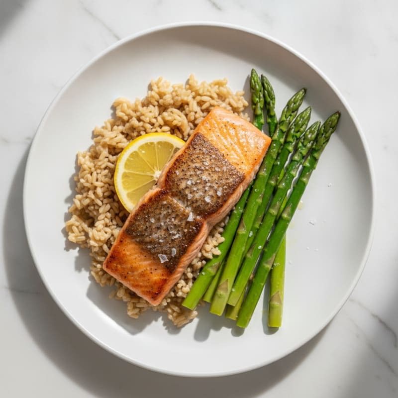 Seared Salmon with Steamed Asparagus and Brown Rice