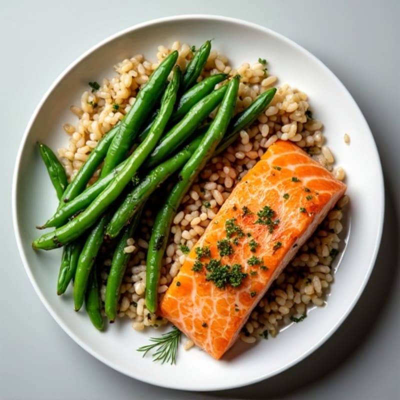Seared Salmon with Garlic Green Beans and Herb Brown Rice
