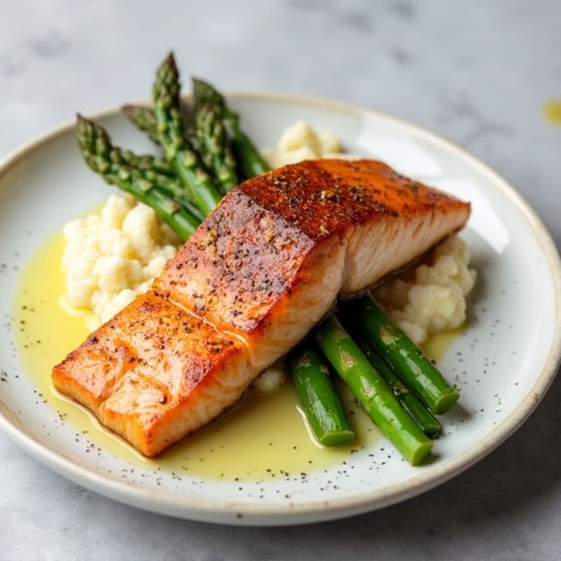 Seared Salmon Fillet with Steamed Asparagus and Cauliflower Mash