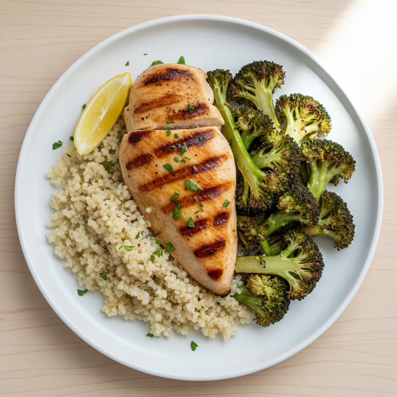 Grilled Lemon Chicken Breast with Quinoa and Roasted Broccoli