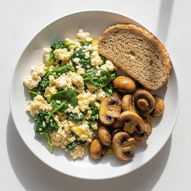 Cottage Cheese Scramble with Spinach and Sautéed Mushrooms
