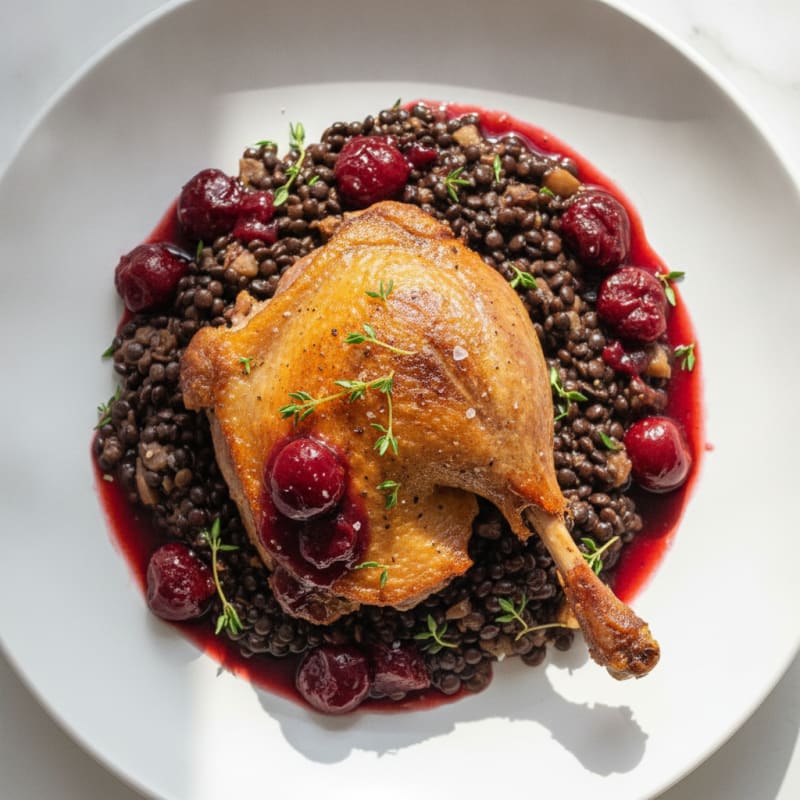 Crispy Duck Confit with Cherry Reduction
