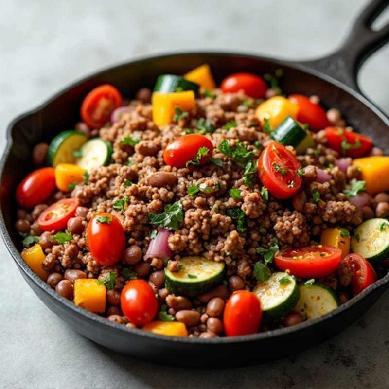 Lean Ground Beef and Hearty Roasted Vegetable Skillet