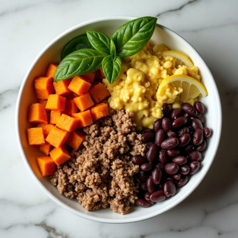 Savory Lean Ground Beef and Roasted Sweet Potato Bowl with Tangy Mustard Drizzle