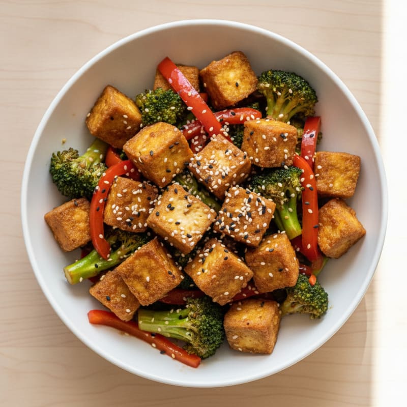 Crispy Tofu Stir Fry with Broccoli and Red Peppers
