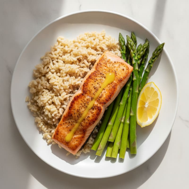 Seared Salmon Fillet with Steamed Asparagus and Brown Rice