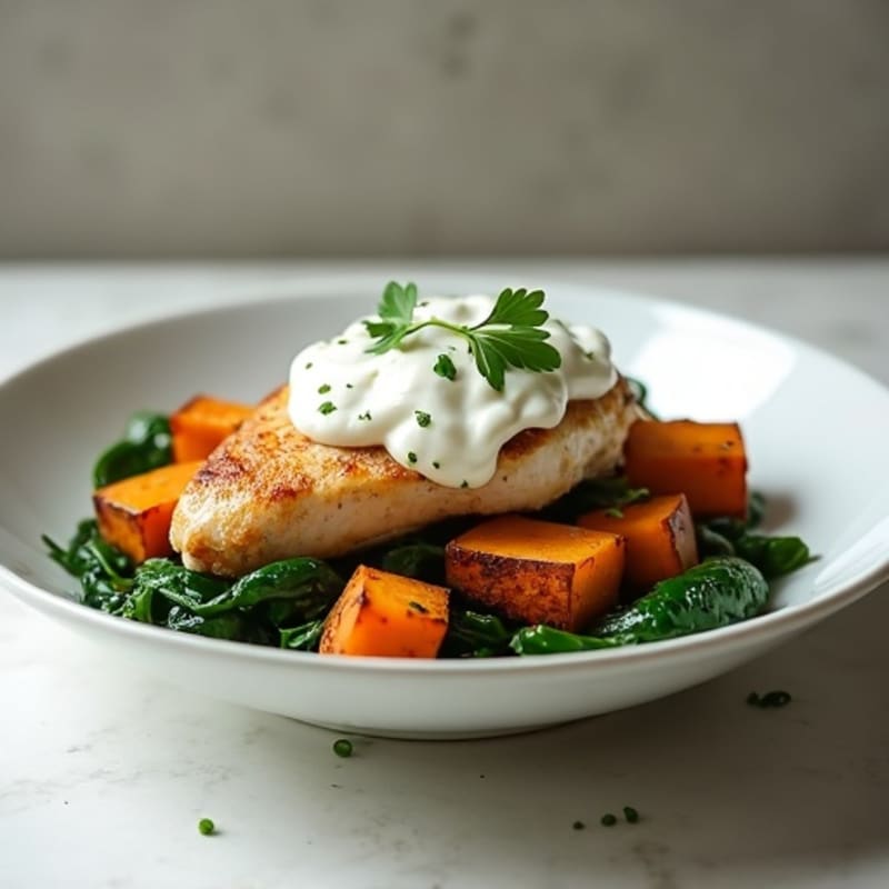 Creamy Pan-Seared Chicken with Roasted Sweet Potatoes and Spinach