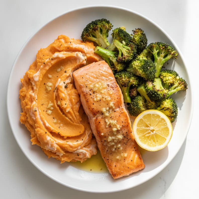 Seared Salmon with Roasted Broccoli and Garlic Mashed Sweet Potatoes