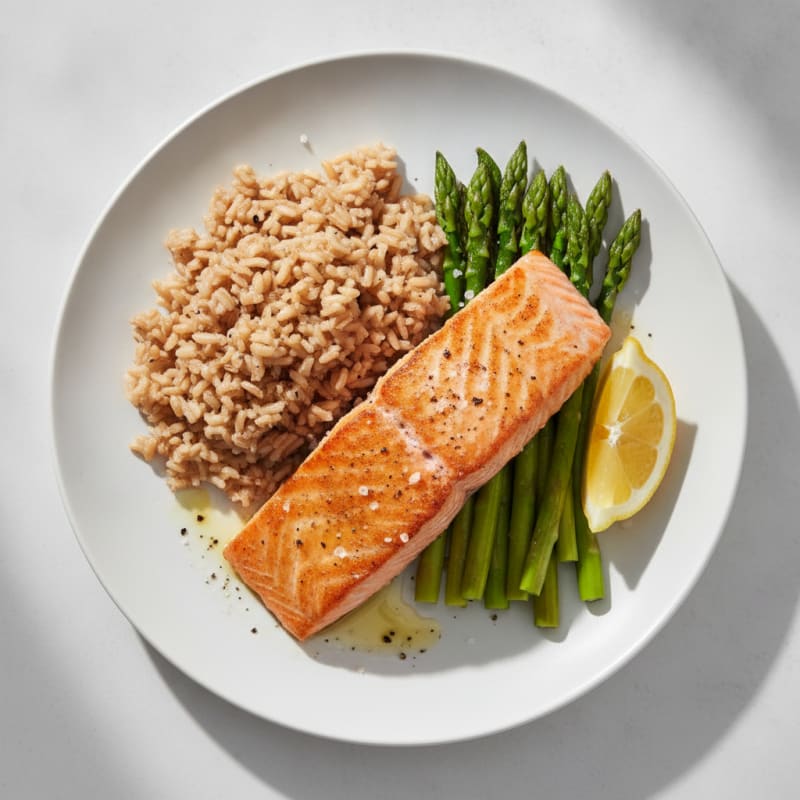 Seared Salmon with Steamed Asparagus and Brown Rice