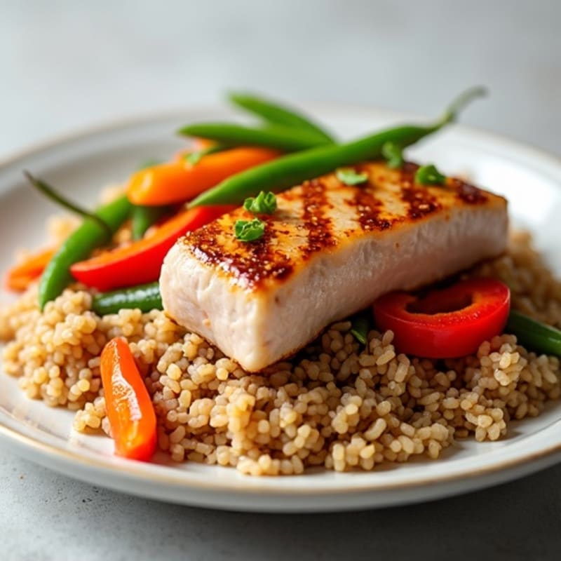 Silky Sesame-Soy Marinated Tuna with Crunchy Vegetables and Brown Rice