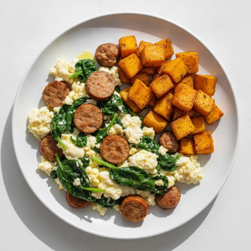 Egg White Spinach Scramble with Turkey Sausage and Roasted Sweet Potatoes