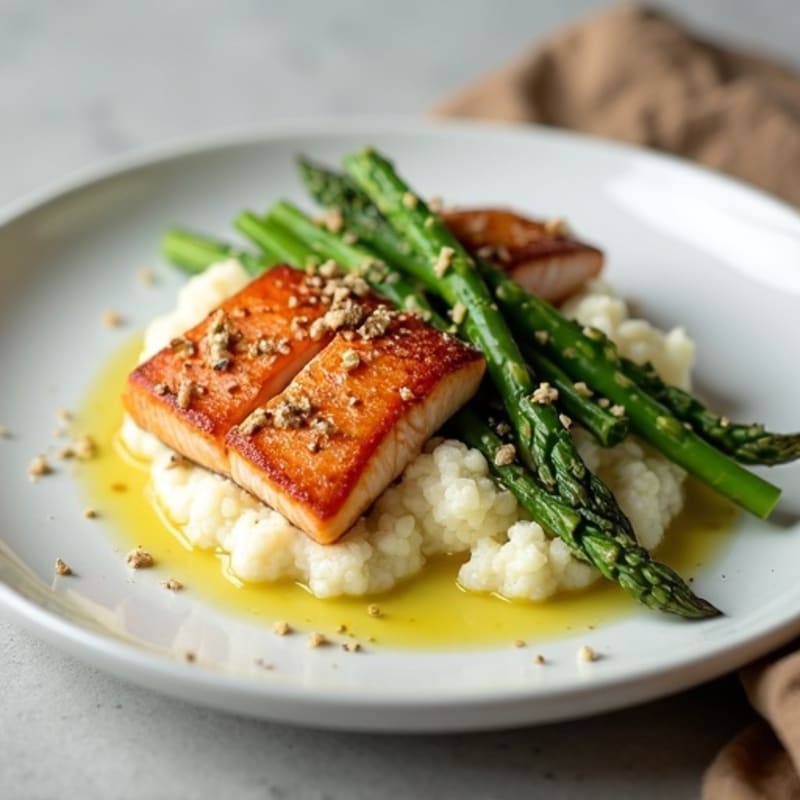 Seared Salmon with Steamed Asparagus and Cauliflower Mash