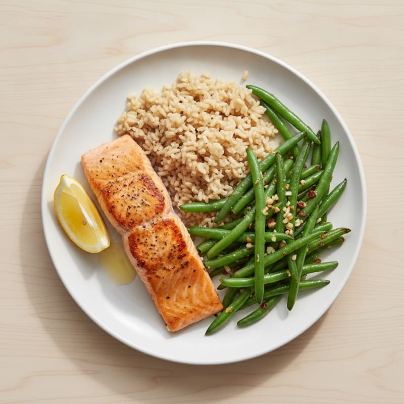 Seared Salmon Fillet with Garlic Green Beans and Brown Rice