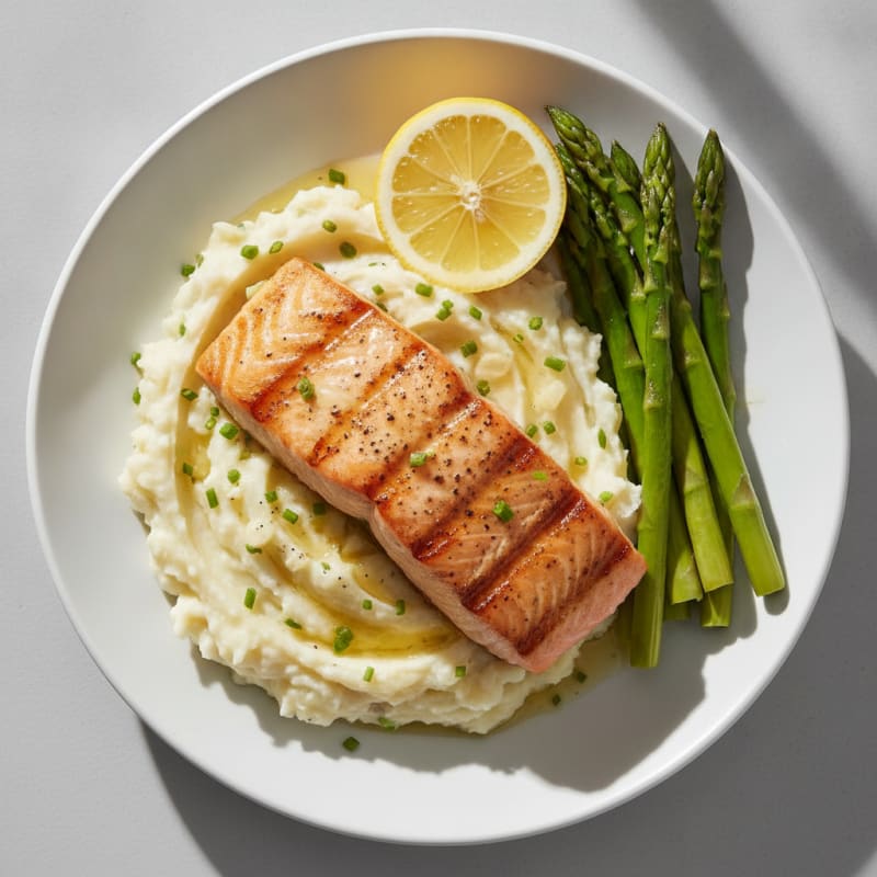 Seared Salmon with Steamed Asparagus and Garlic Mashed Potatoes