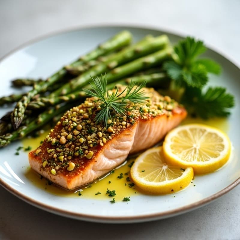 Pistachio-Crusted Salmon with Lemon-Herb Roasted Asparagus