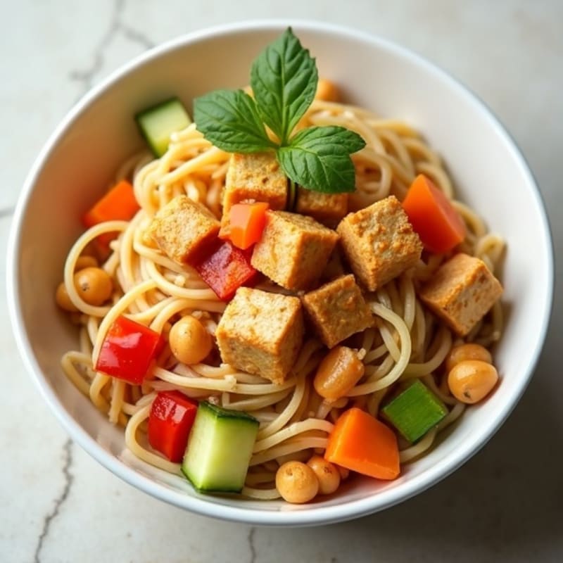 Creamy Peanut Noodles with Crispy Tofu and Fresh Vegetables