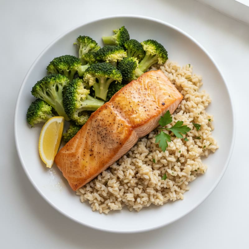 Seared Salmon with Steamed Broccoli and Herbed Brown Rice