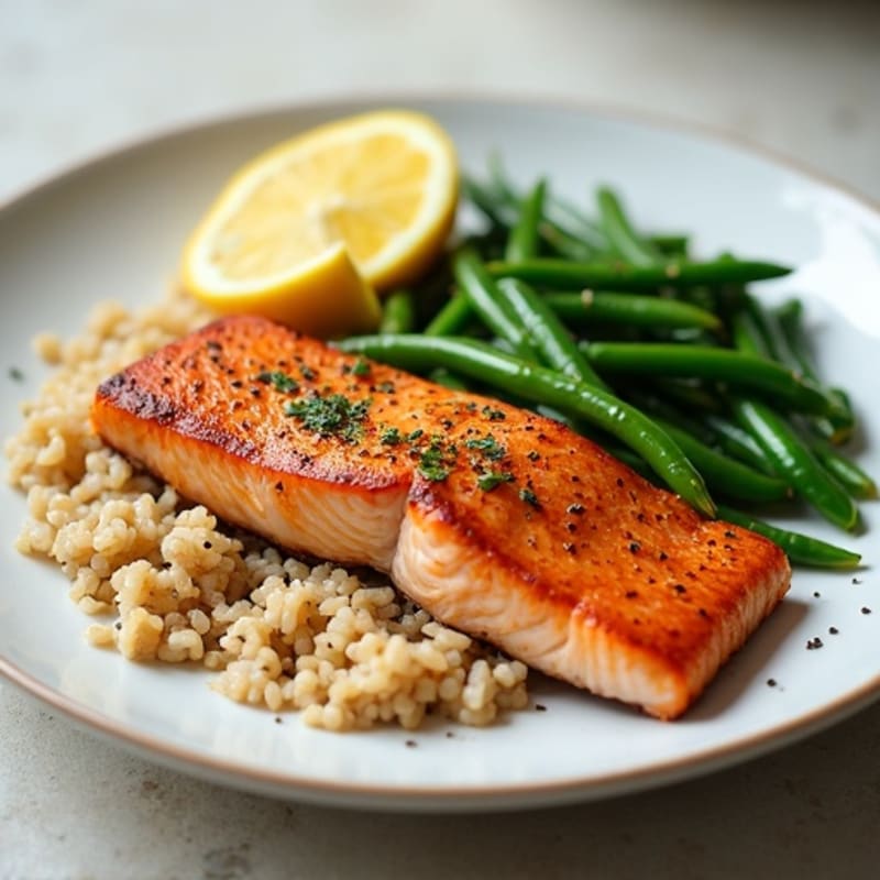 Seared Salmon with Steamed Green Beans and Brown Rice