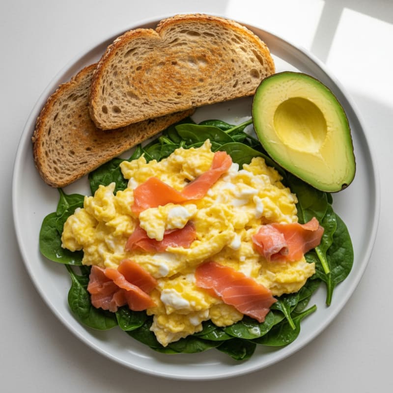Creamy Scrambled Eggs with Smoked Salmon and Sautéed Spinach