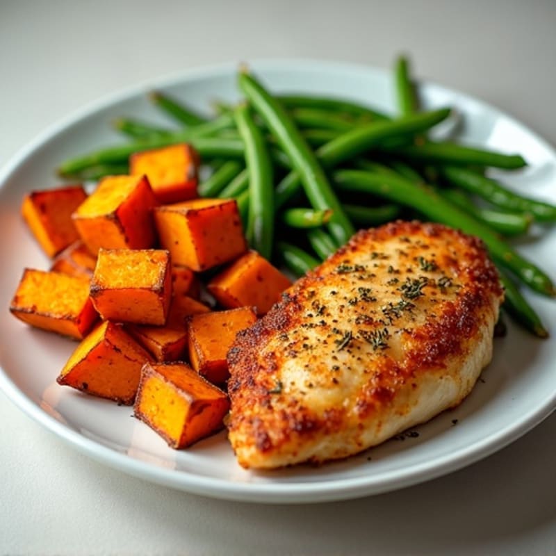 Crispy Pan-Seared Chicken with Roasted Sweet Potatoes and Green Beans