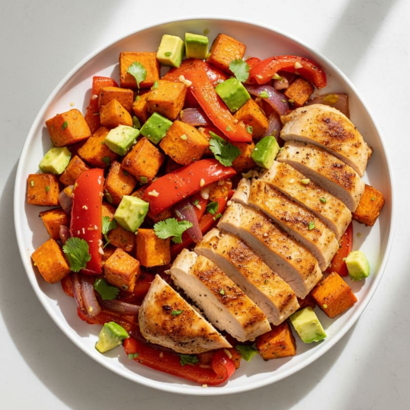 Pan-Fried Chicken with Roasted Sweet Potato and Peppers