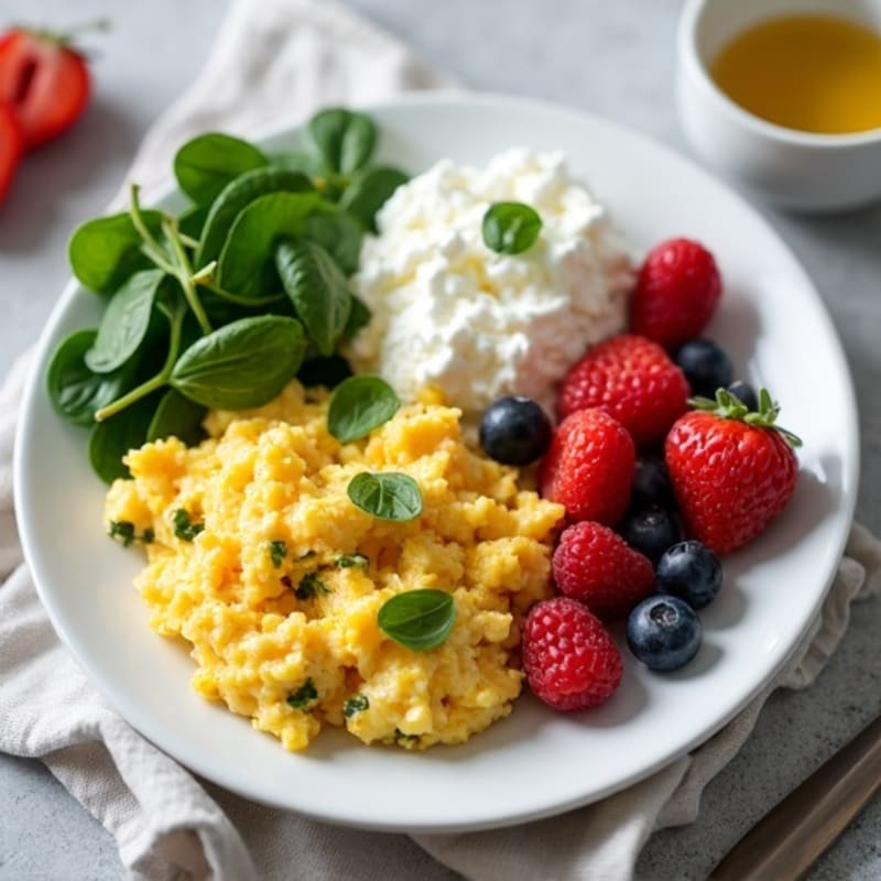 Egg White Spinach Scramble with Cottage Cheese and Fresh Berries