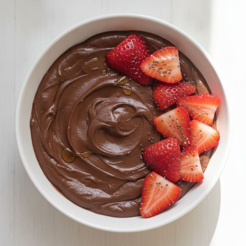 Chocolate Protein Pudding with Sliced Strawberries