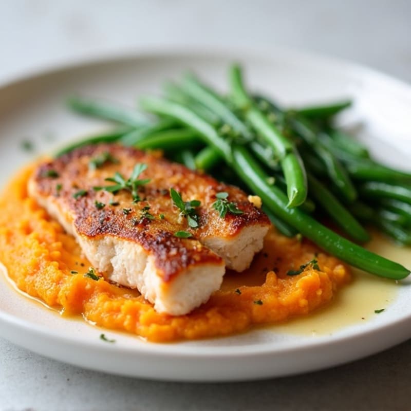 Seared Turkey Breast with Steamed Green Beans and Sweet Potato Mash