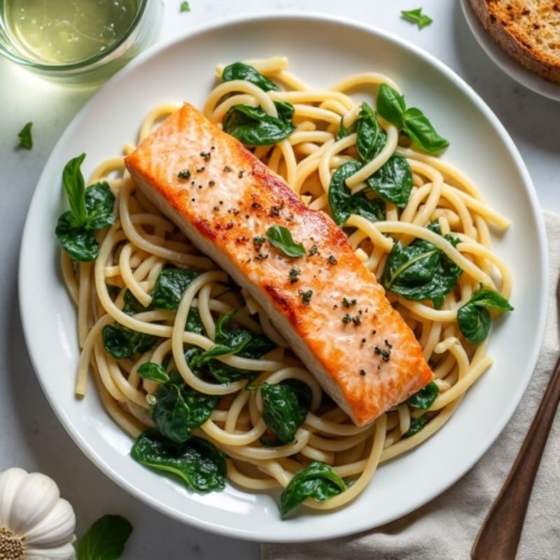 Seared Salmon with Creamy Spinach Pasta