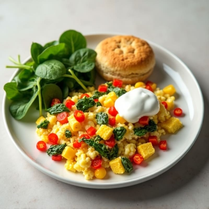 Cottage Cheese Veggie Scramble with Biscuit