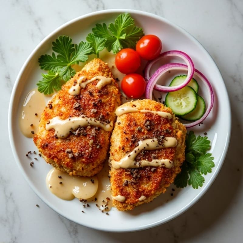Crispy Spiced Chicken with Creamy Tahini Drizzle and Fresh Vegetables