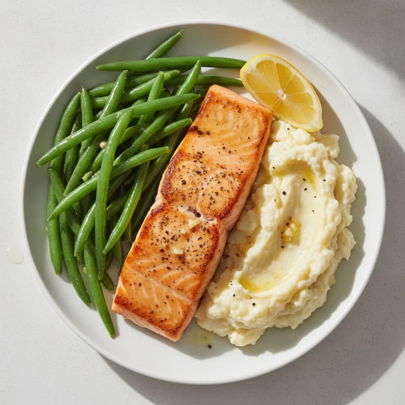 Seared Salmon with Steamed Green Beans and Garlic Mashed Cauliflower