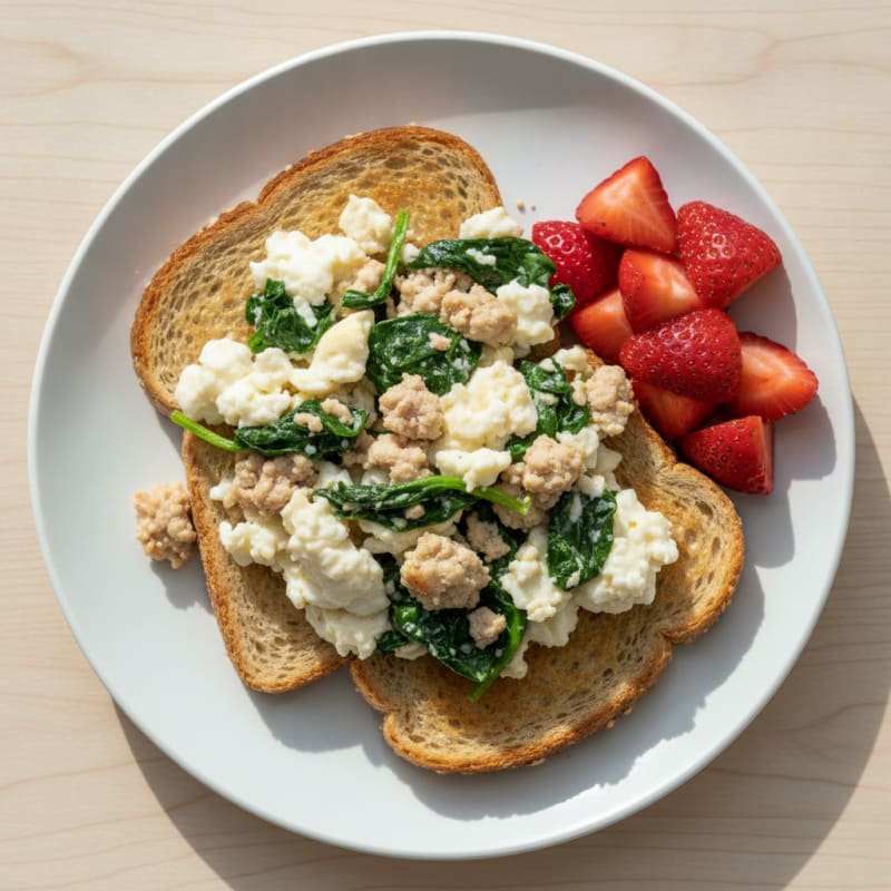 Egg White and Turkey Spinach Scramble on Whole Wheat Toast