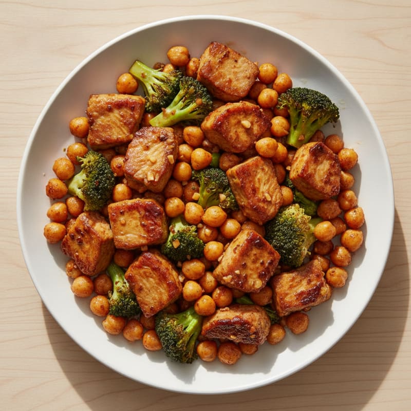 Seared Seitan and Roasted Chickpeas with Broccoli
