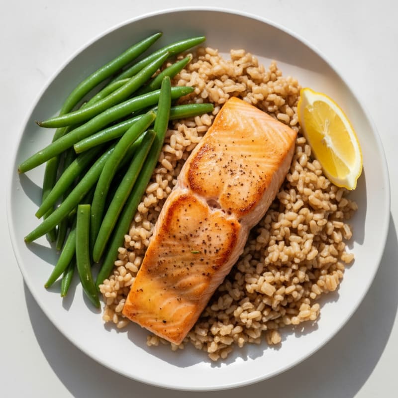 Seared Salmon with Steamed Green Beans and Brown Rice