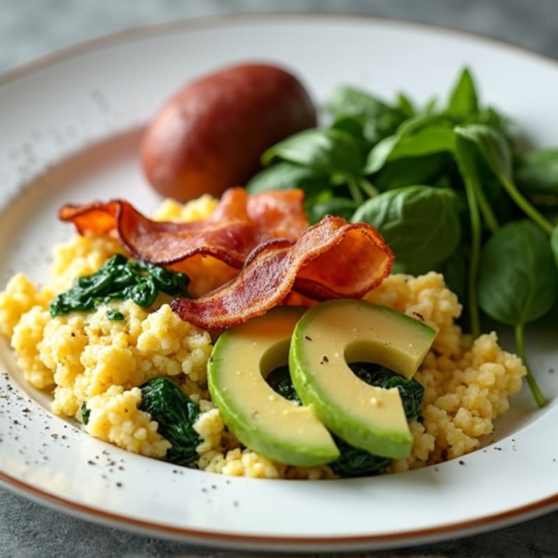 Egg White and Cottage Cheese Scramble with Sautéed Spinach and Turkey Bacon