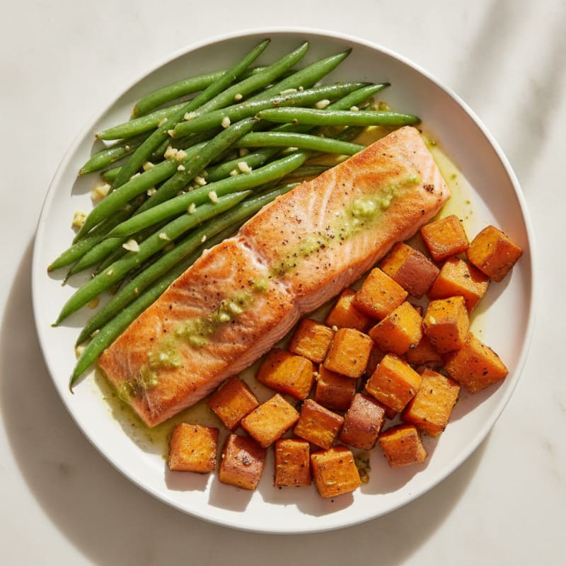 Seared Salmon with Garlic Green Beans and Roasted Sweet Potatoes