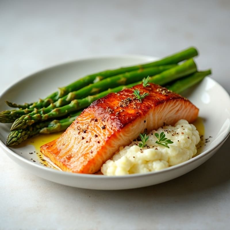 Seared Salmon with Steamed Asparagus and Cauliflower Mash