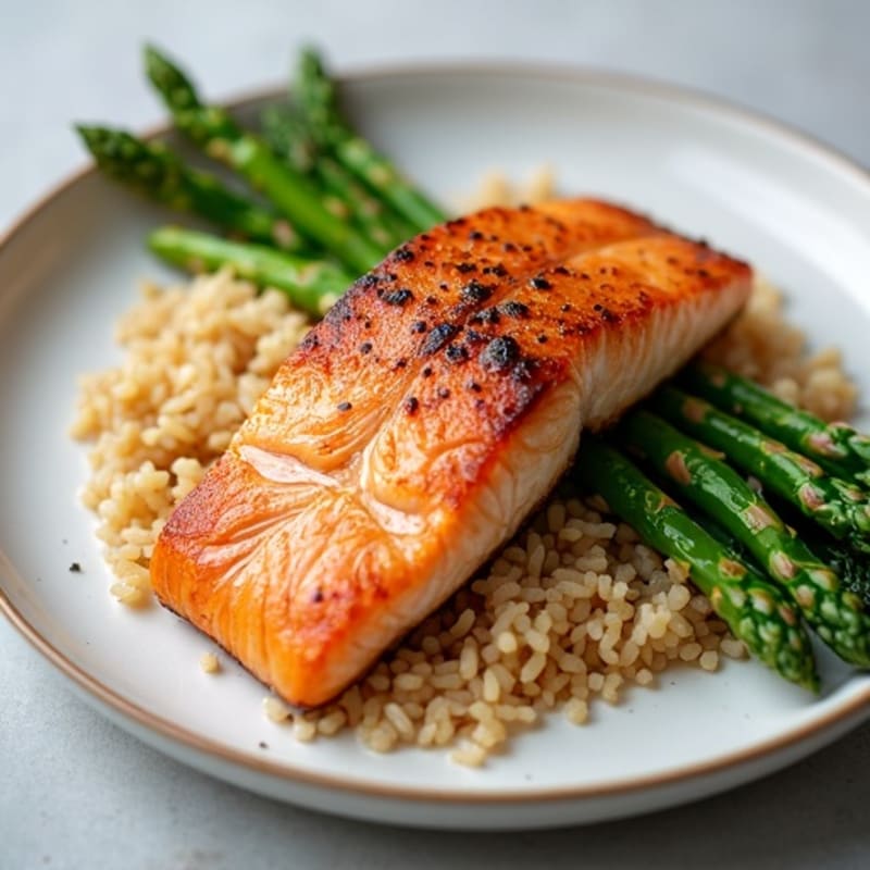 Seared Salmon Fillet with Steamed Asparagus and Brown Rice