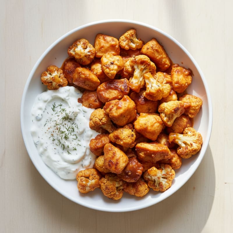 Buffalo Roasted Cauliflower Bites with Ranch